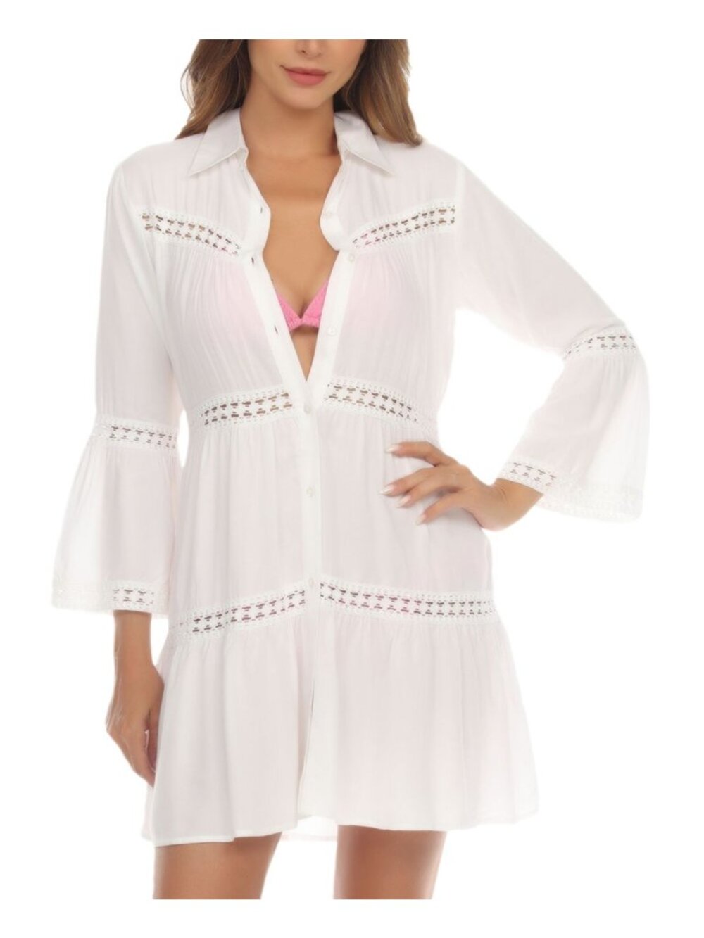 Raviya Womens Lace Inset Button Front Dress Cover up Swimsuit White Size L NWT